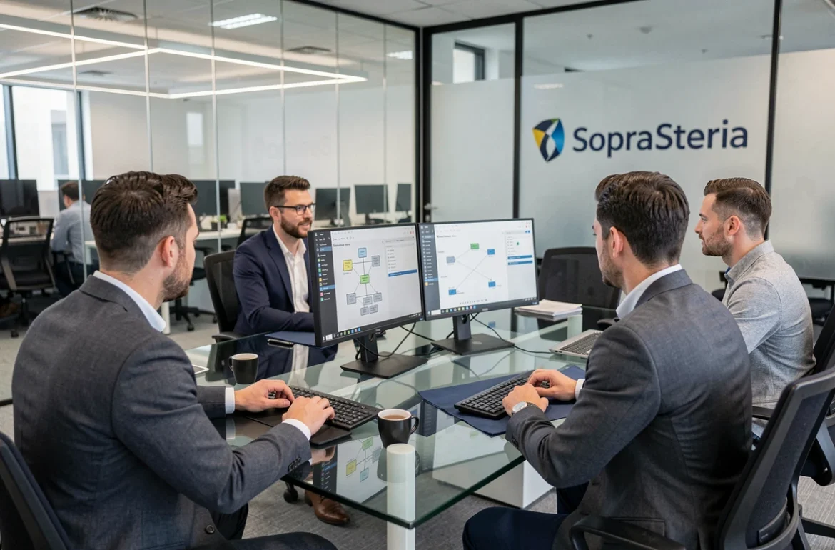Consultants Sopra Steria en réunion dans un bureau moderne en Provence-Alpes-Côte d'Azur