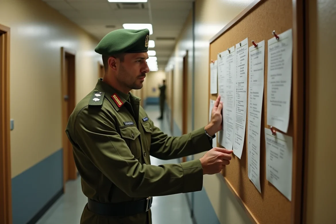 Sous-officier en uniforme militaire consultant un agenda mensuel affiché dans le couloir d'une caserne