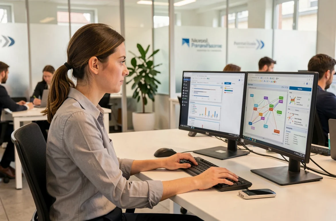 Spécialiste en support informatique analysant des données réseau sur double écran dans une entreprise de services numériques du Morbihan
