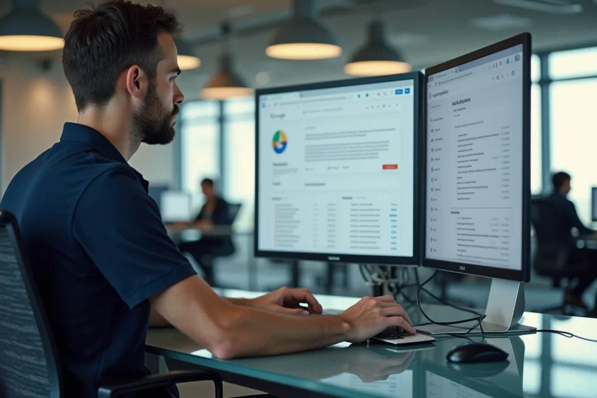 Homme consultant le tableau de bord Mon Activité Google sur un écran de bureau en open space