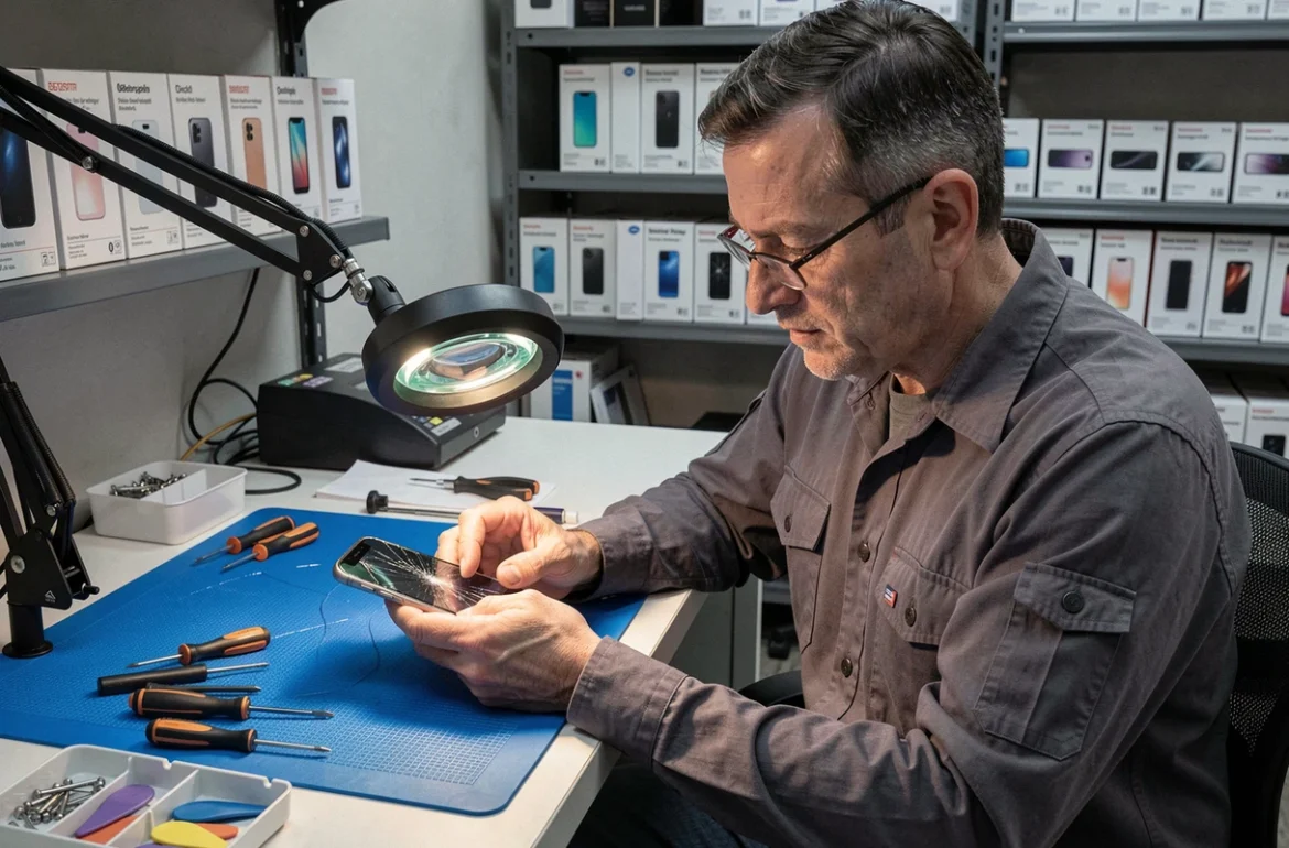 Technicien expérimenté diagnostiquant un écran de smartphone cassé dans l'atelier de réparation téléphone à Montpellier