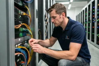 Technicien informatique inspectant un rack serveur dans une salle informatique professionnelle en Morbihan