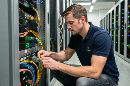 Technicien informatique inspectant un rack serveur dans une salle informatique professionnelle en Morbihan