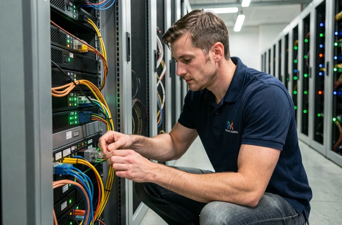 Technicien informatique inspectant un rack serveur dans une salle informatique professionnelle en Morbihan