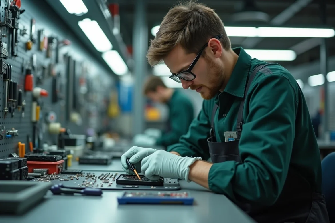 Technicien démontant un smartphone reconditionné dans un atelier de réparation électronique professionnel