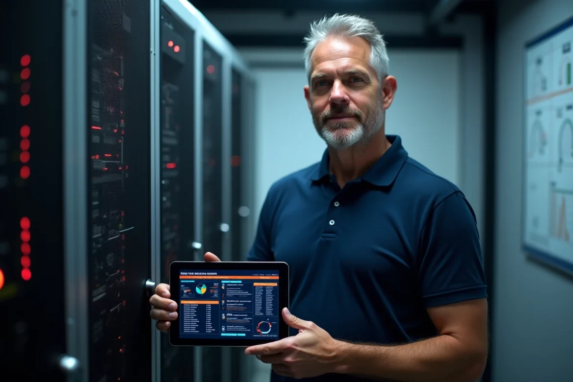 Technicien IT analysant les résultats de tests de logiciels système sur une tablette dans une salle serveur