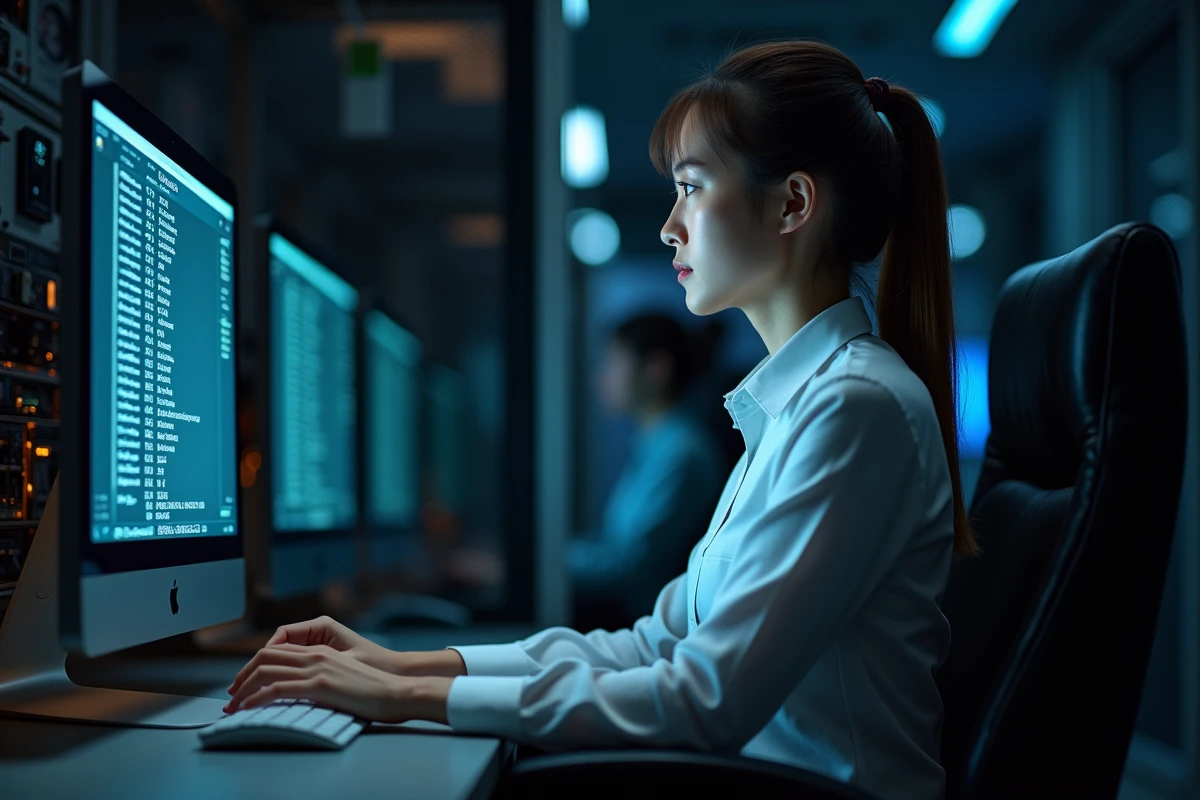 Jeune technicienne informatique dans une salle serveurs