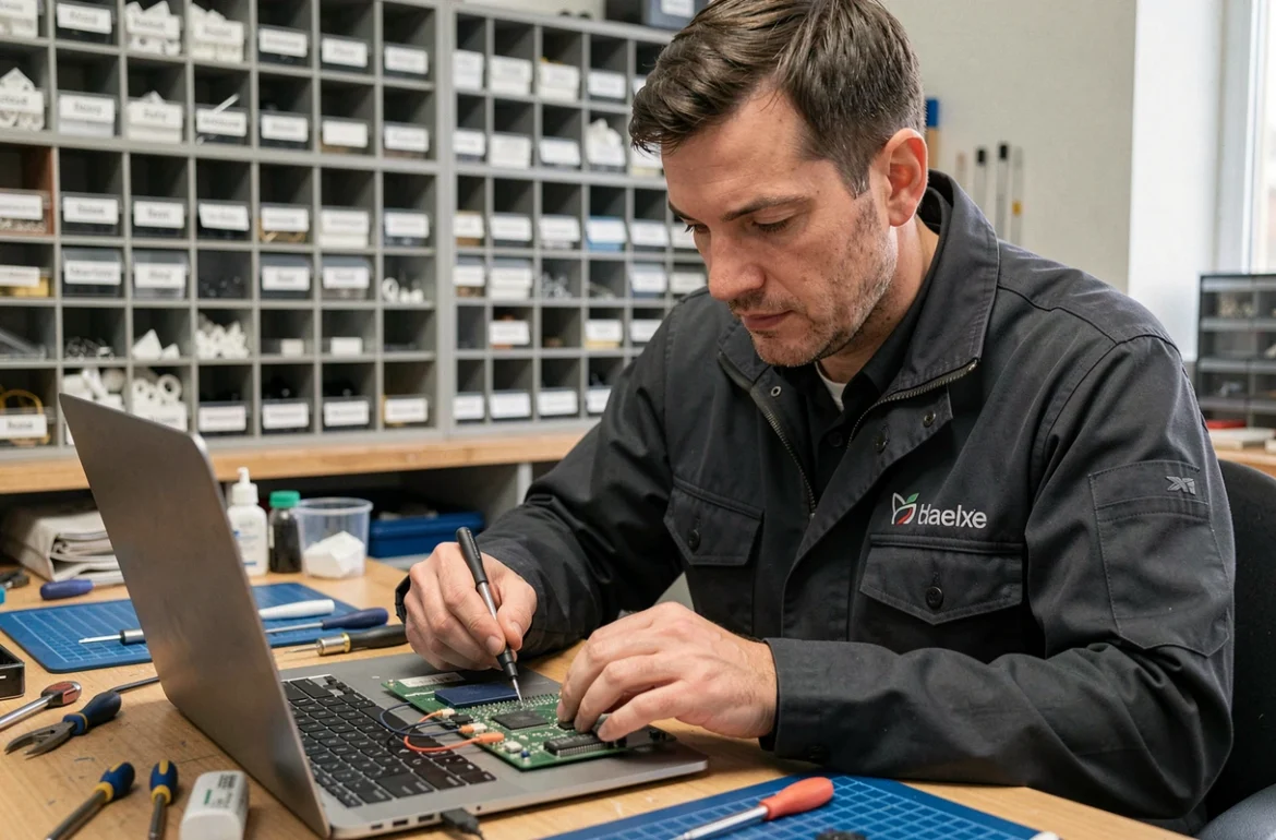 Technicien de Technofix en train de souder un composant sur une carte mère de laptop dans un atelier électronique spécialisé