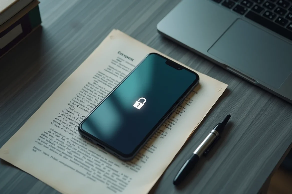 Téléphone chiffré de type PGP posé sur des documents juridiques, symbolisant les enquêtes judiciaires sur les réseaux de communication cryptés et leurs implications légales