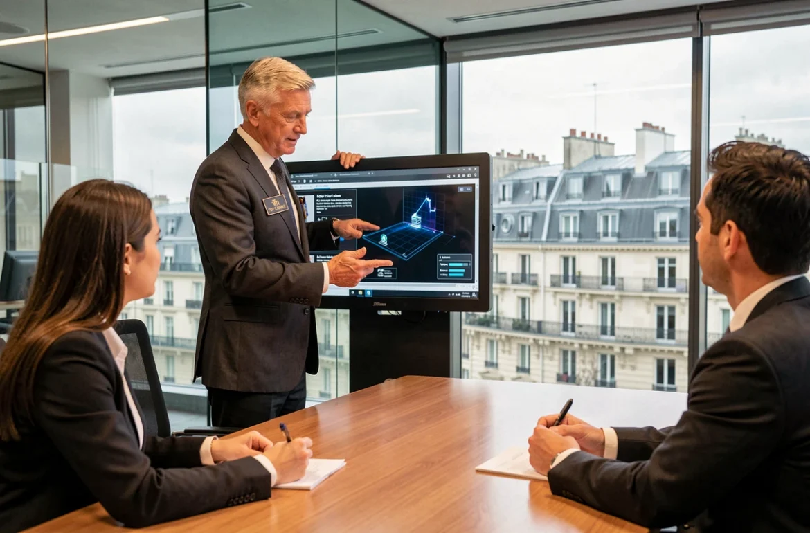 Consultant Top Cadres présentant une proposition de système de sécurité à des clients en salle de réunion