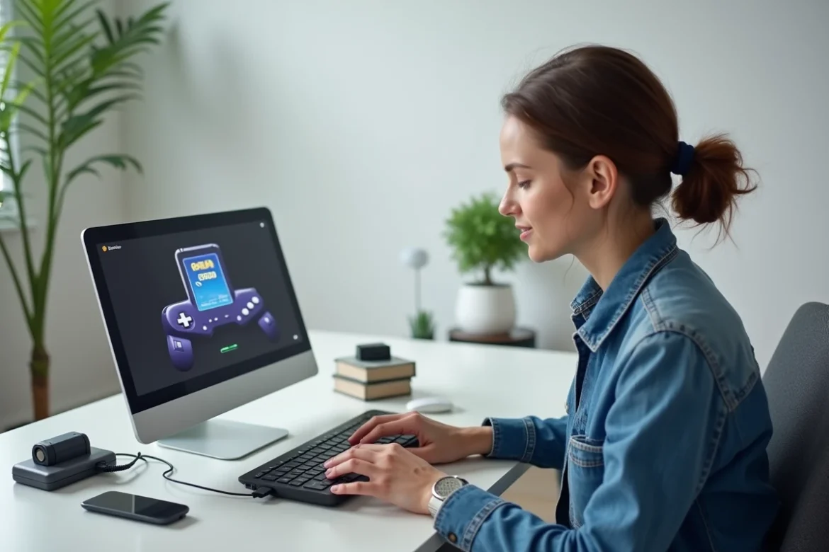 Femme transférant une sauvegarde Pokémon GBA depuis une cartouche vers un ordinateur portable via un lecteur USB