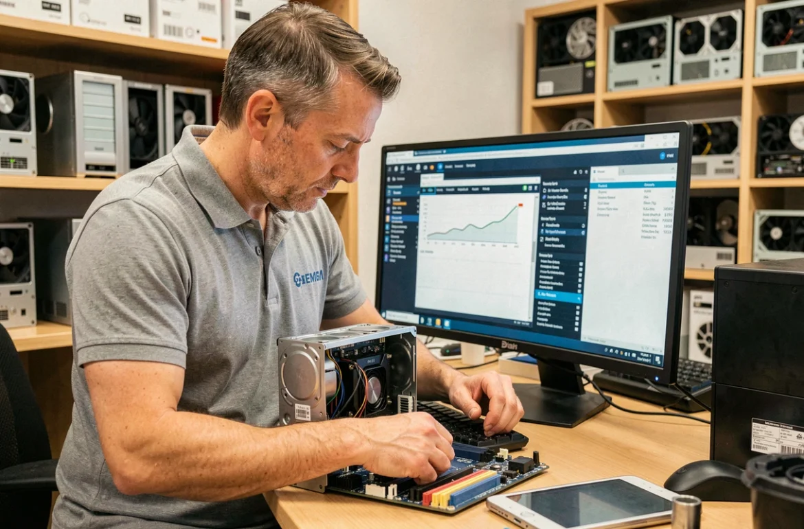 Technicien d'Update Informatique inspectant une carte mère d'ordinateur de bureau dans un atelier de réparation professionnel
