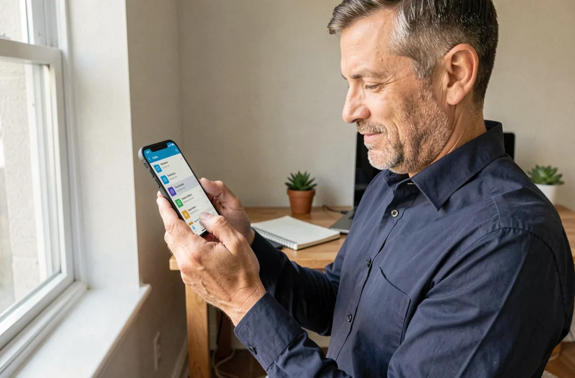 Homme utilisant une application Fichiers sur Android pour vider la corbeille et libérer de l'espace de stockage