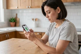 Femme vidant la corbeille de l'application Galerie sur son smartphone Android dans une cuisine moderne