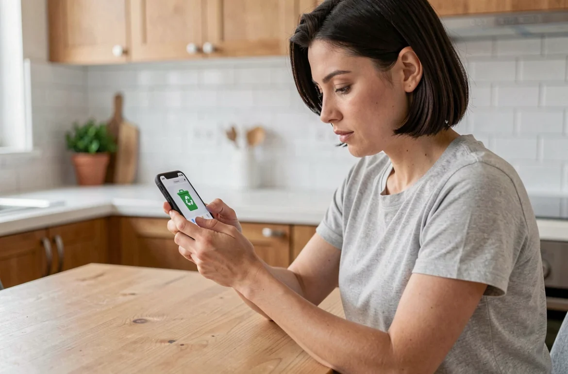 Femme vidant la corbeille de l'application Galerie sur son smartphone Android dans une cuisine moderne