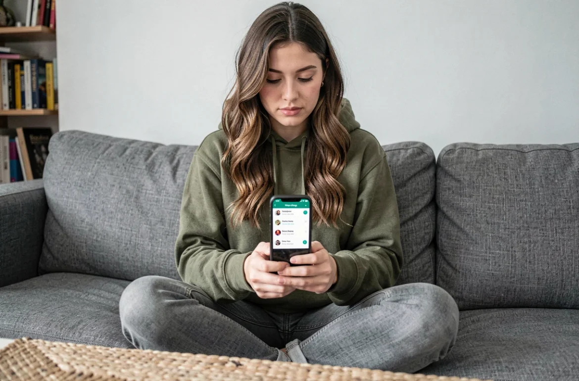 Jeune femme gérant la corbeille et le stockage de WhatsApp sur son téléphone depuis son canapé