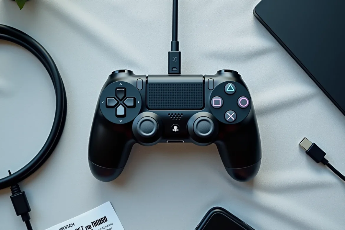 Vue à plat d'une manette PS4 avec câble de charge et indicateur thermique illustrant les risques de surchauffe
